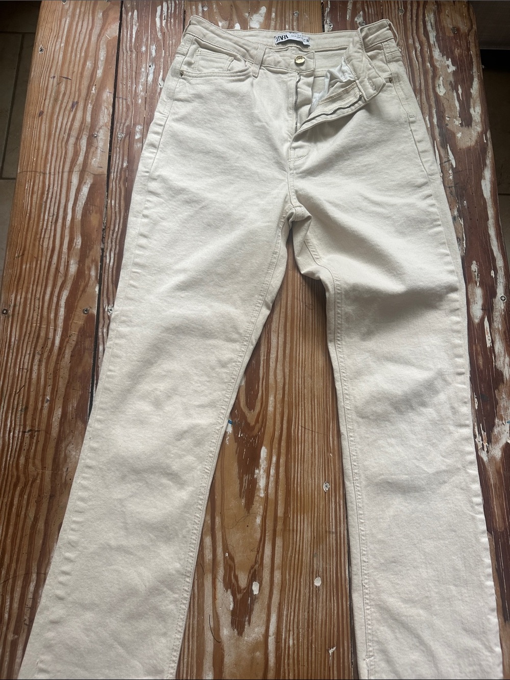 Zara Off-White High-Rise Straight Jeans